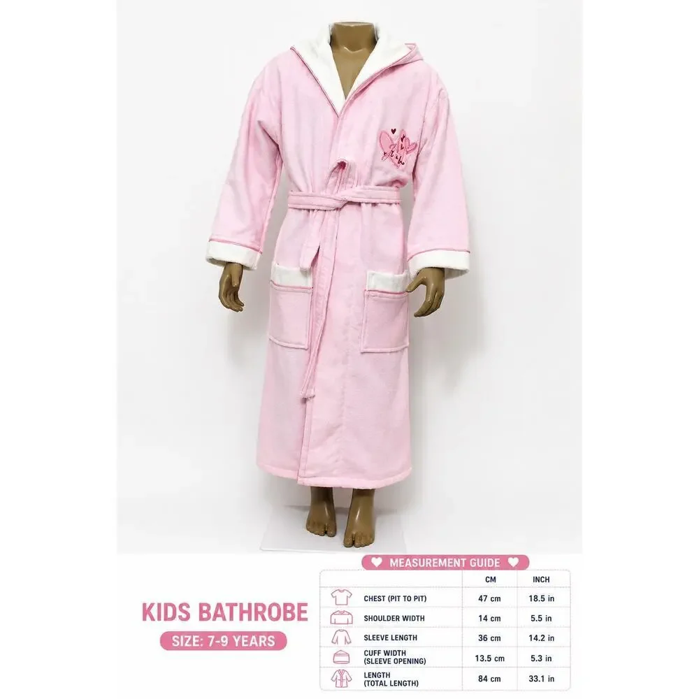 Kids Pink Bathrobe 100% Cotton Hooded Soft Lined Robe Cozy 7-9Y
